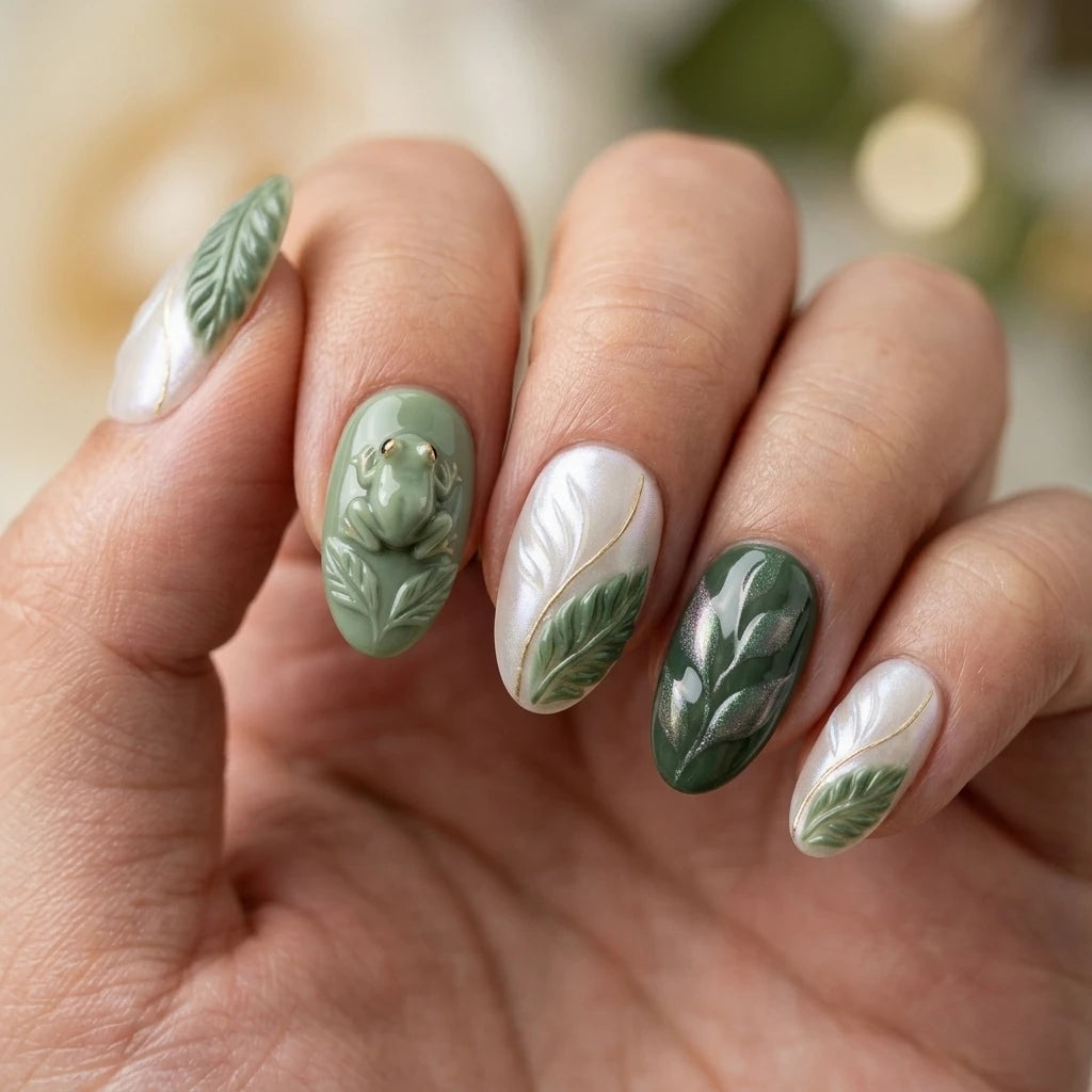 pearl white sage green 3d almond press on nails frog leaf lifestyle 02