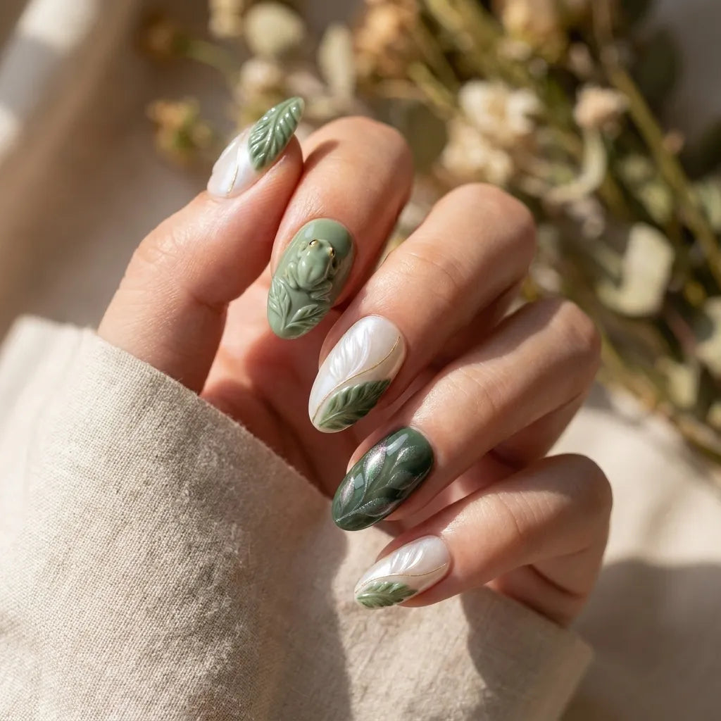 pearl white sage green 3d almond press on nails frog leaf mockup 01