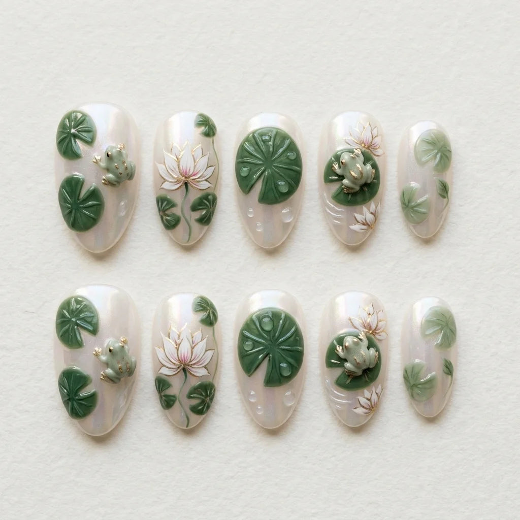 pearl white sage green 3d almond press on nails pond frog lotus flower flat lay 04