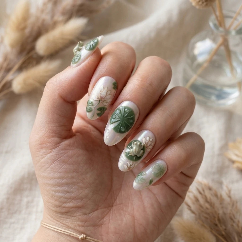 pearl white sage green 3d almond press on nails pond frog lotus flower lifestyle 02