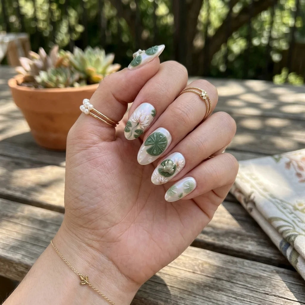 pearl white sage green 3d almond press on nails pond frog lotus flower lifestyle 03