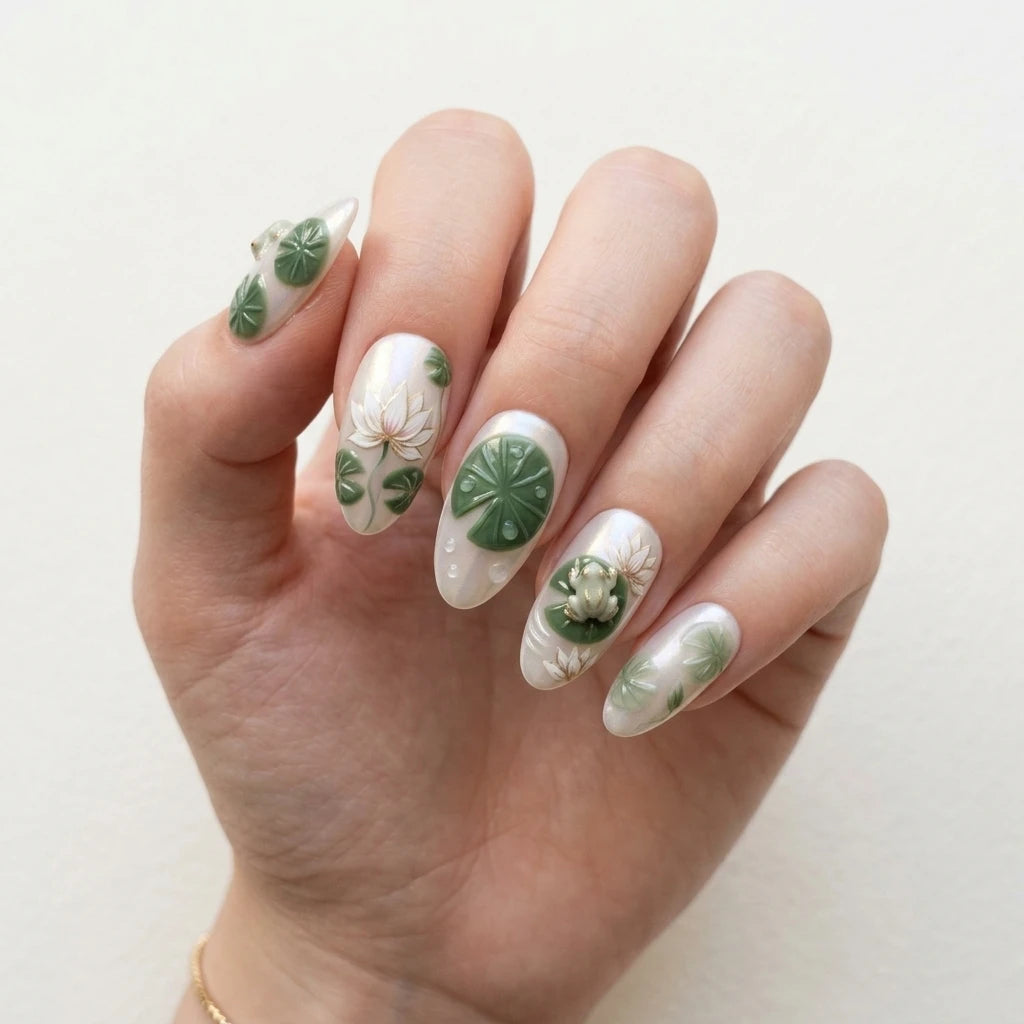 pearl white sage green 3d almond press on nails pond frog lotus flower mockup 01