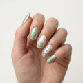 pearl white sage green 3d cat eye oval press on nails pond frog lotus flower detail 03