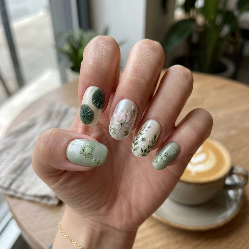 pearl white sage green 3d cat eye oval press on nails pond frog lotus flower lifestyle 02