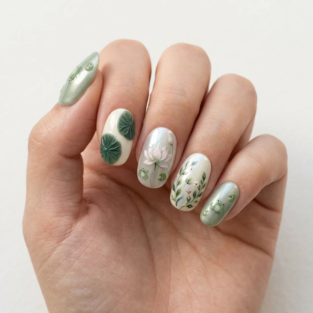 pearl white sage green 3d cat eye oval press on nails pond frog lotus flower lifestyle 03