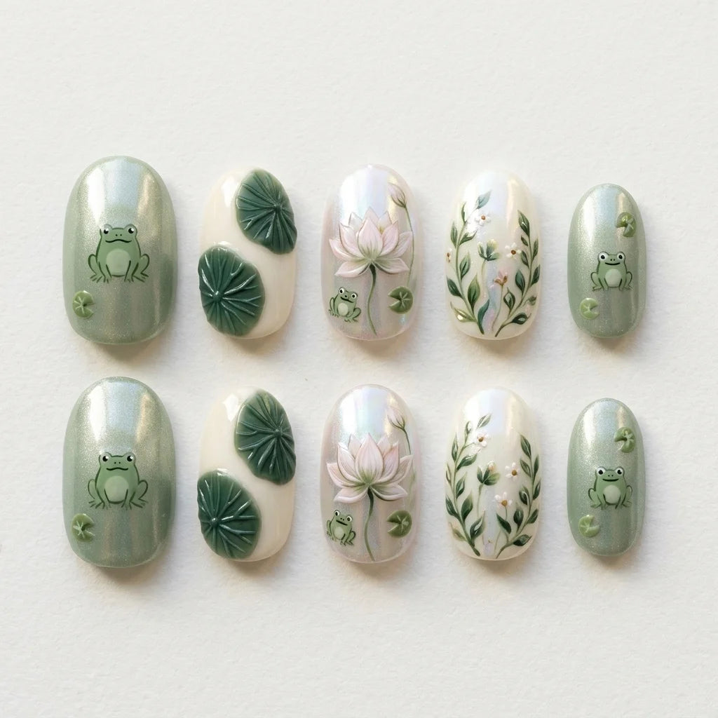 pearl white sage green 3d cat eye oval press on nails pond frog lotus flower mockup 01