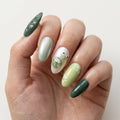 pearl white sage green 3d chrome oval press on nails pond frog lotus flower detail 03