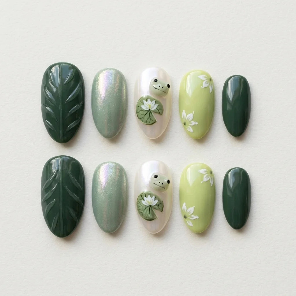 pearl white sage green 3d chrome oval press on nails pond frog lotus flower flat lay 04