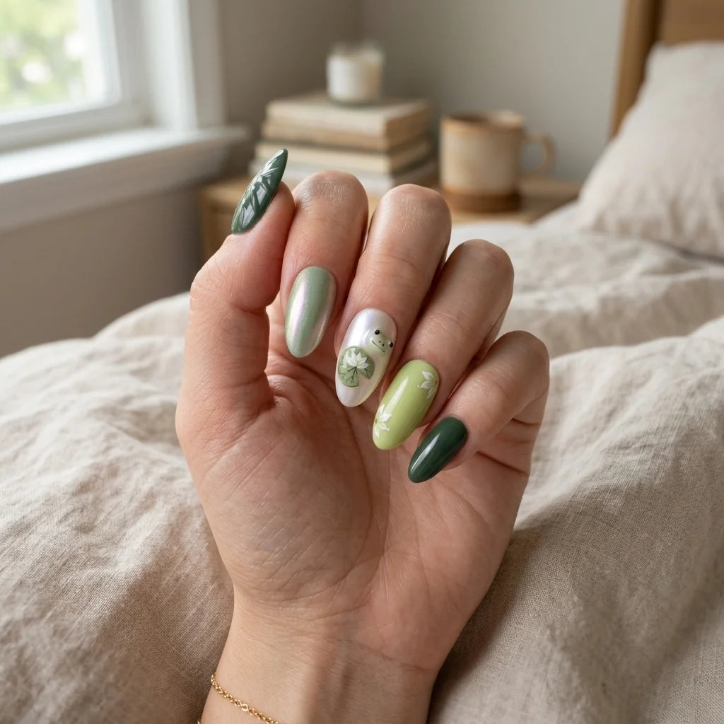 pearl white sage green 3d chrome oval press on nails pond frog lotus flower lifestyle 02
