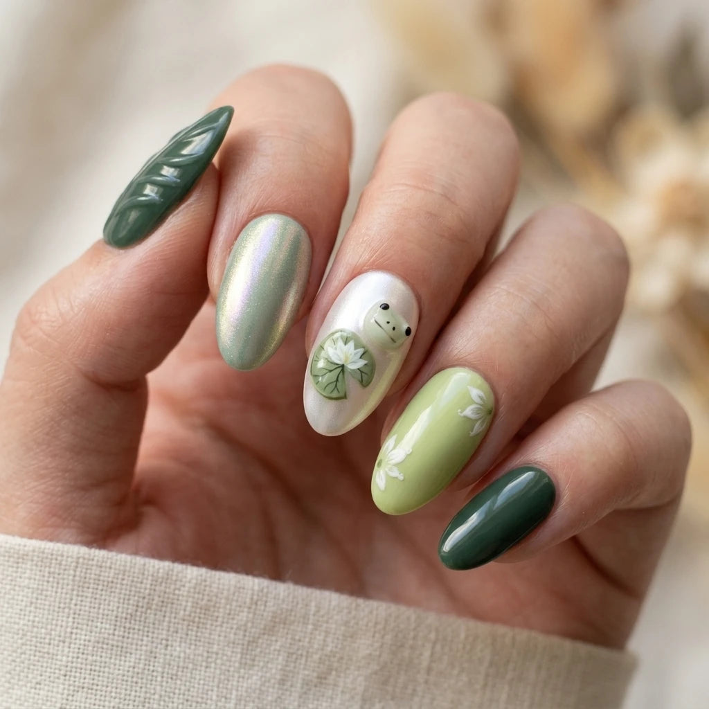 pearl white sage green 3d chrome oval press on nails pond frog lotus flower mockup 01