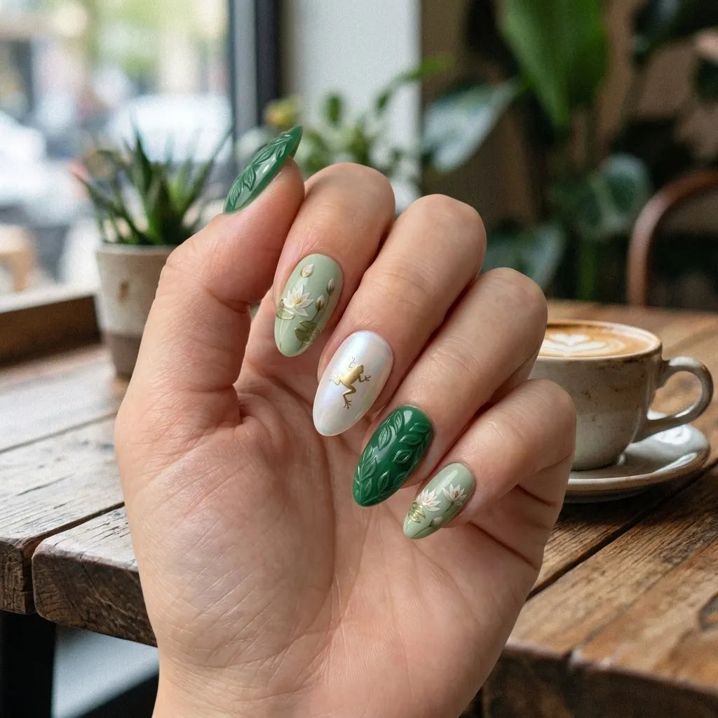 pearl white sage green 3d hand painted almond press on nails gold frog lotus flower detail 03