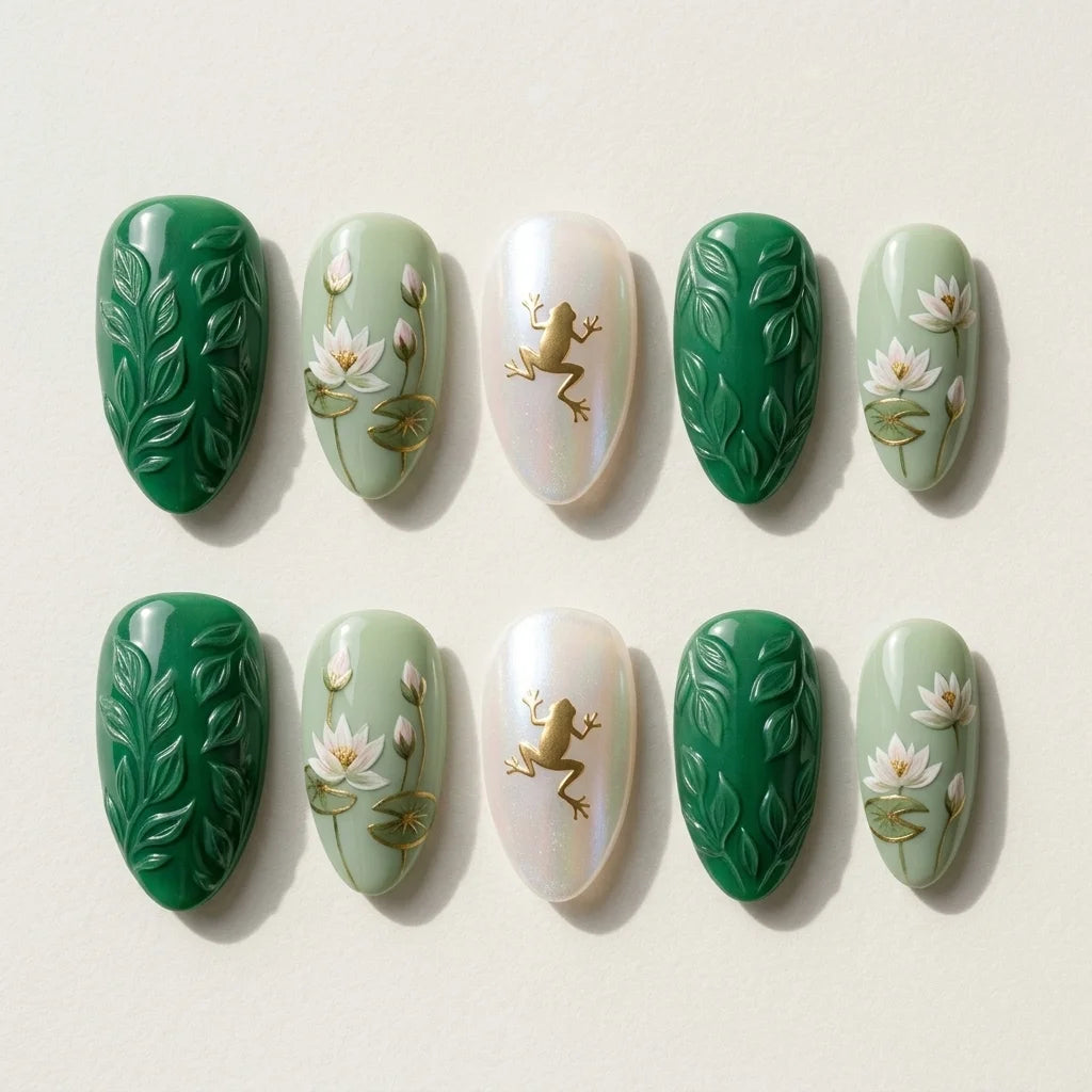 pearl white sage green 3d hand painted almond press on nails gold frog lotus flower flat lay 04