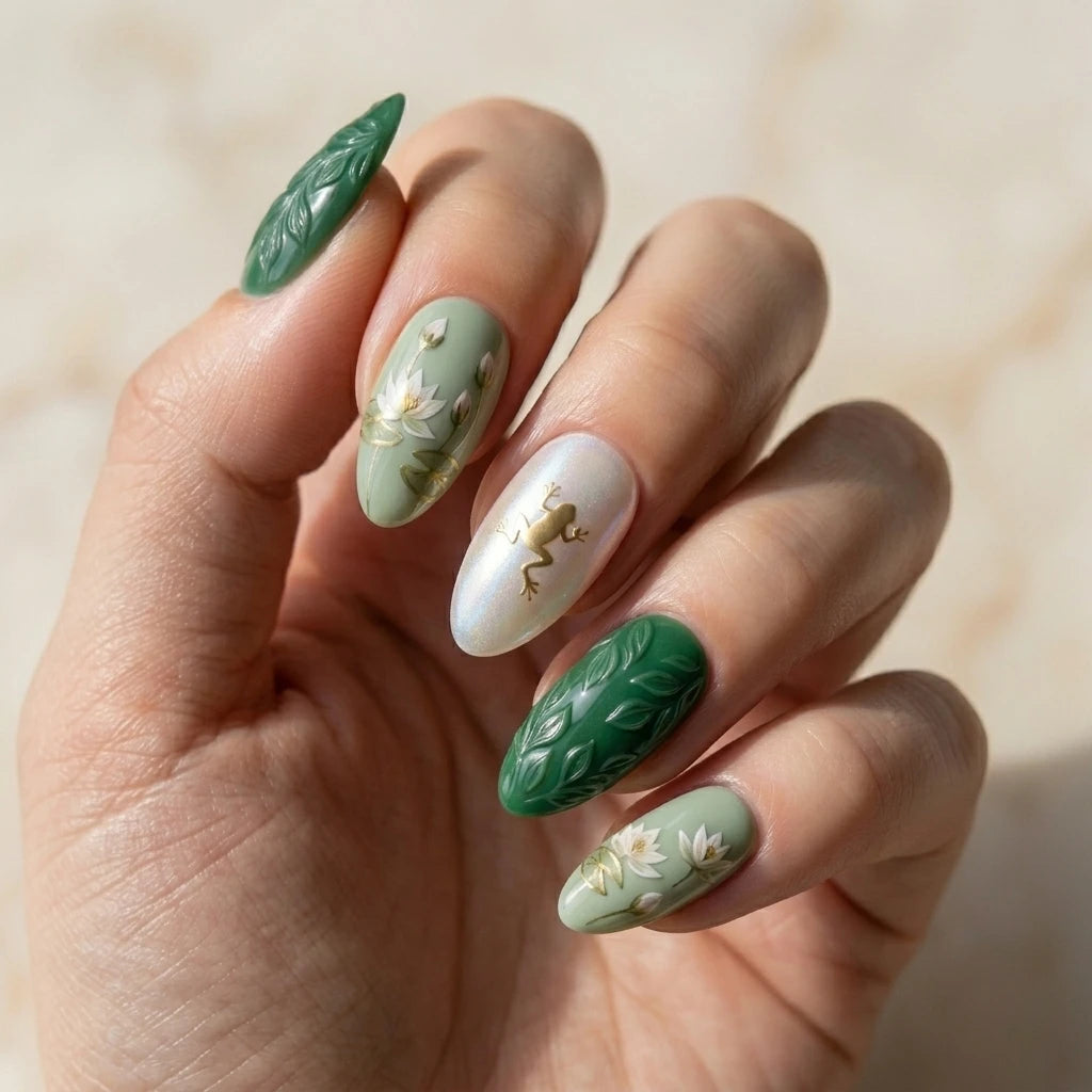 pearl white sage green 3d hand painted almond press on nails gold frog lotus flower lifestyle 02