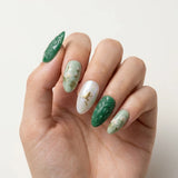 pearl white sage green 3d hand painted almond press on nails gold frog lotus flower mockup 01