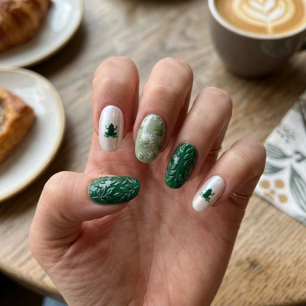 pearl white sage green 3d hand painted oval press on nails green frog lotus flower detail 03