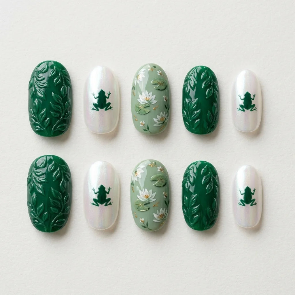 pearl white sage green 3d hand painted oval press on nails green frog lotus flower flat lay 04