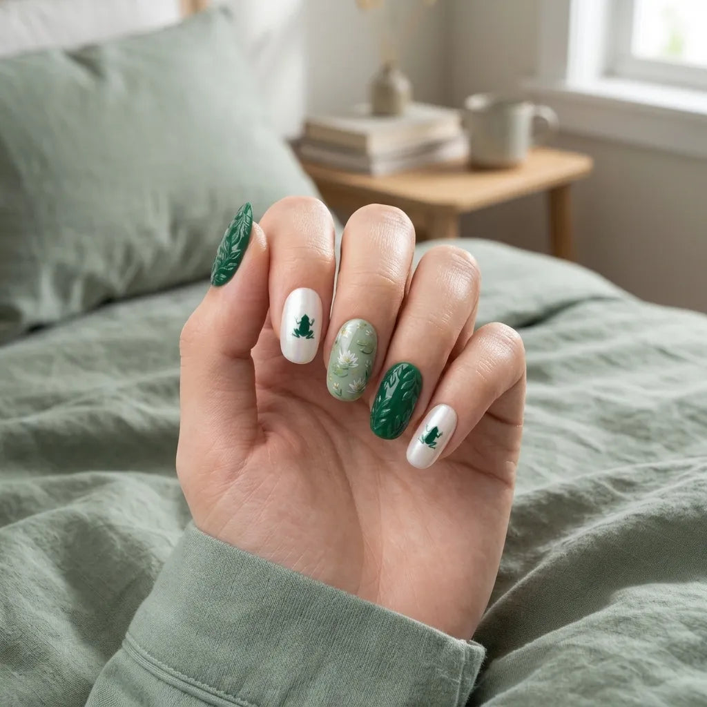 pearl white sage green 3d hand painted oval press on nails green frog lotus flower lifestyle 02