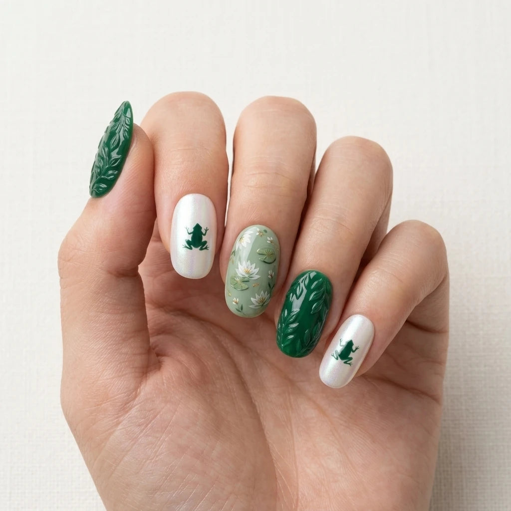 pearl white sage green 3d hand painted oval press on nails green frog lotus flower mockup 01