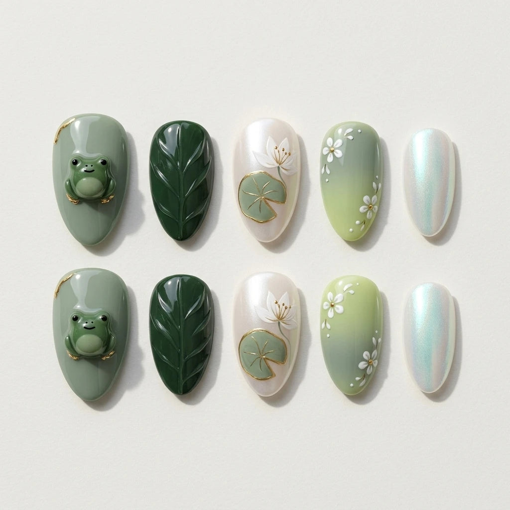 pearl white sage green 3d ombre almond press on nails pond frog lotus flower flat lay 04
