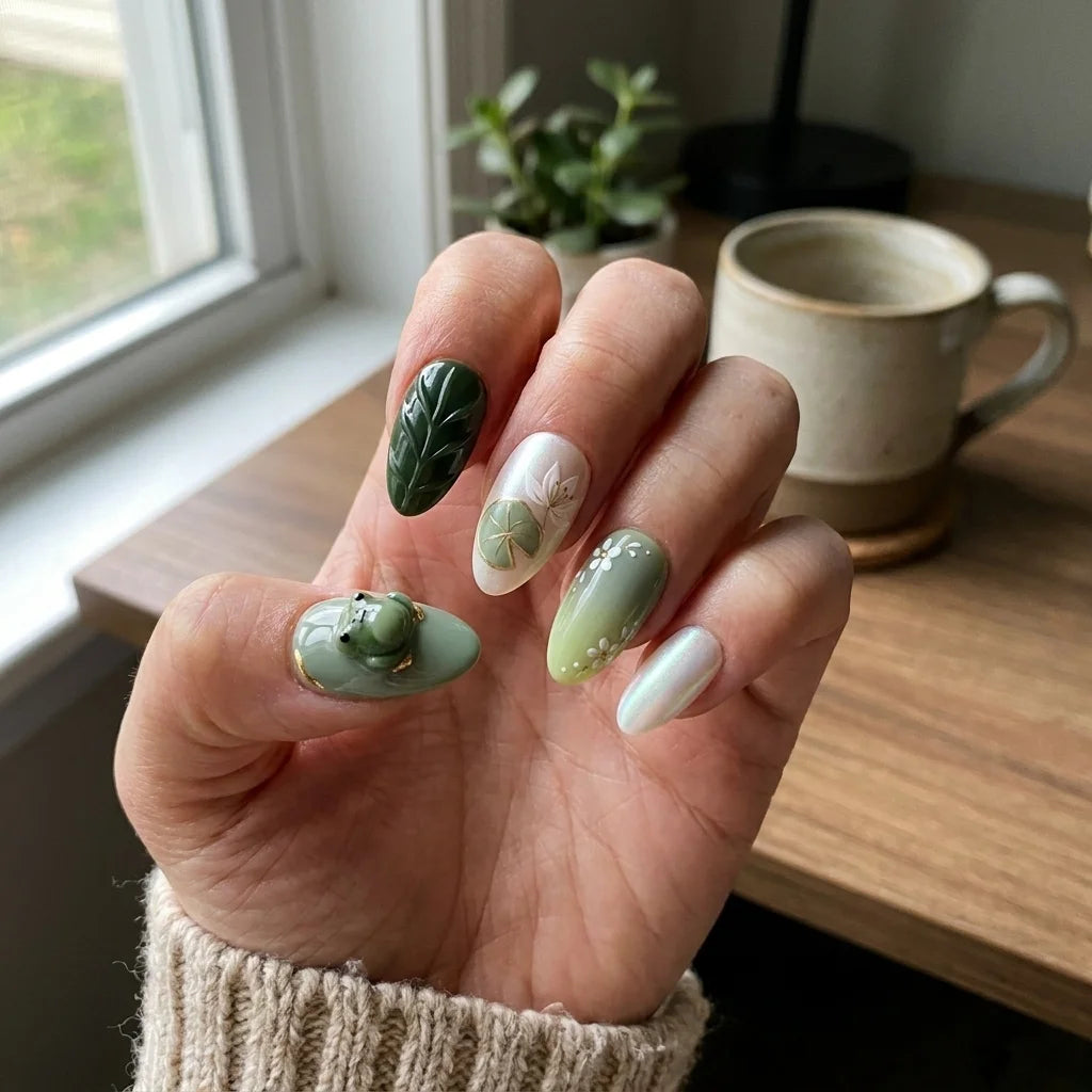 pearl white sage green 3d ombre almond press on nails pond frog lotus flower lifestyle 02