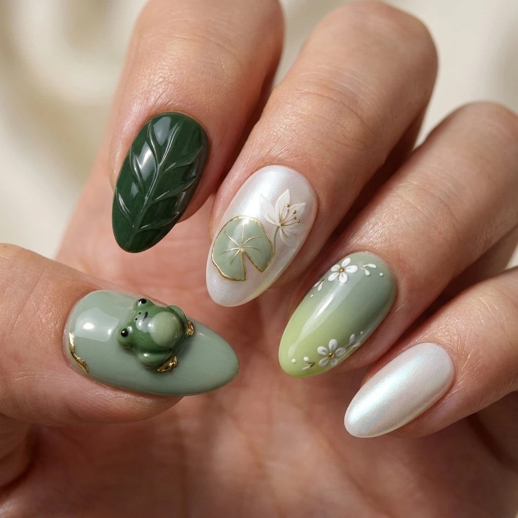 pearl white sage green 3d ombre almond press on nails pond frog lotus flower lifestyle 03