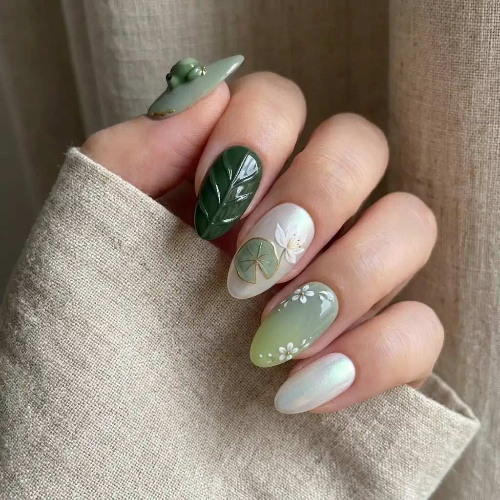 pearl white sage green 3d ombre almond press on nails pond frog lotus flower mockup 01