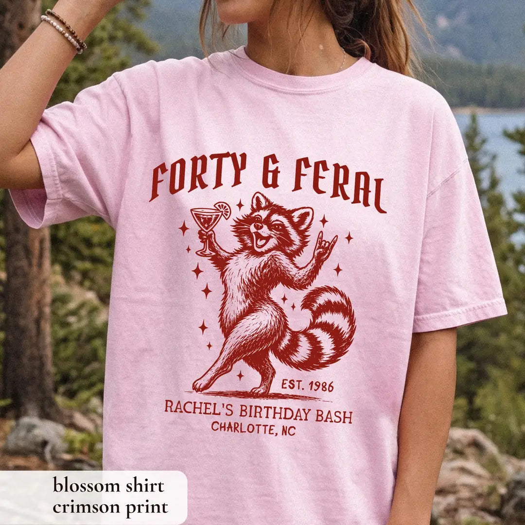 Raccoon Birthday Squad graphic Comfort Colors T-shirt in Blossom, additional product photograph.