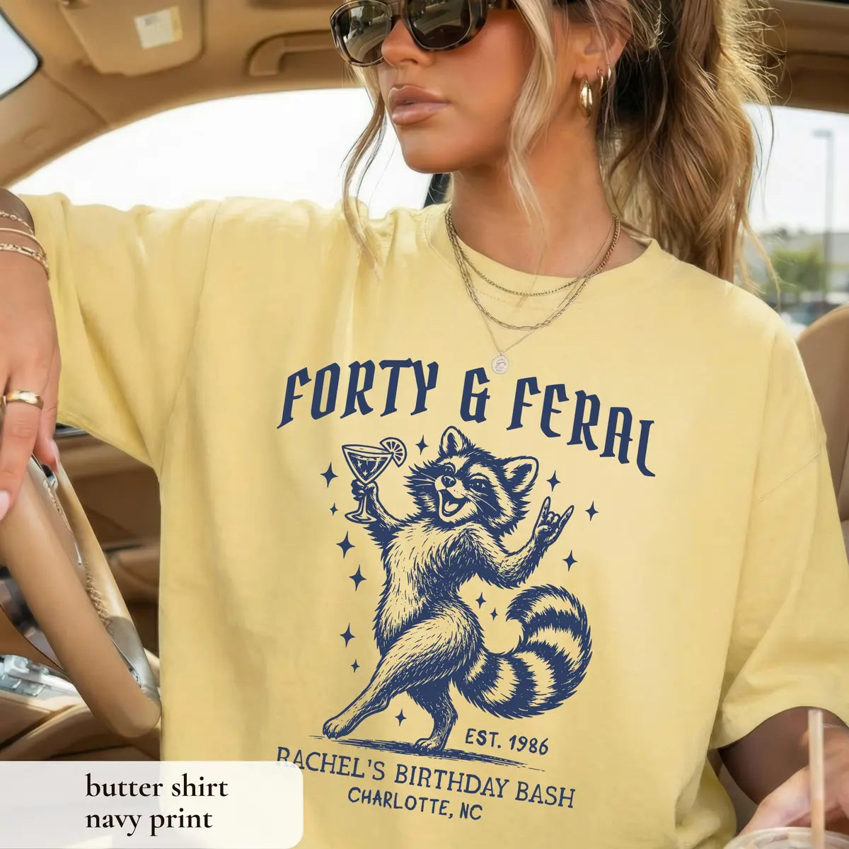 Raccoon Birthday Squad graphic Comfort Colors T-shirt in Butter, additional product photograph.