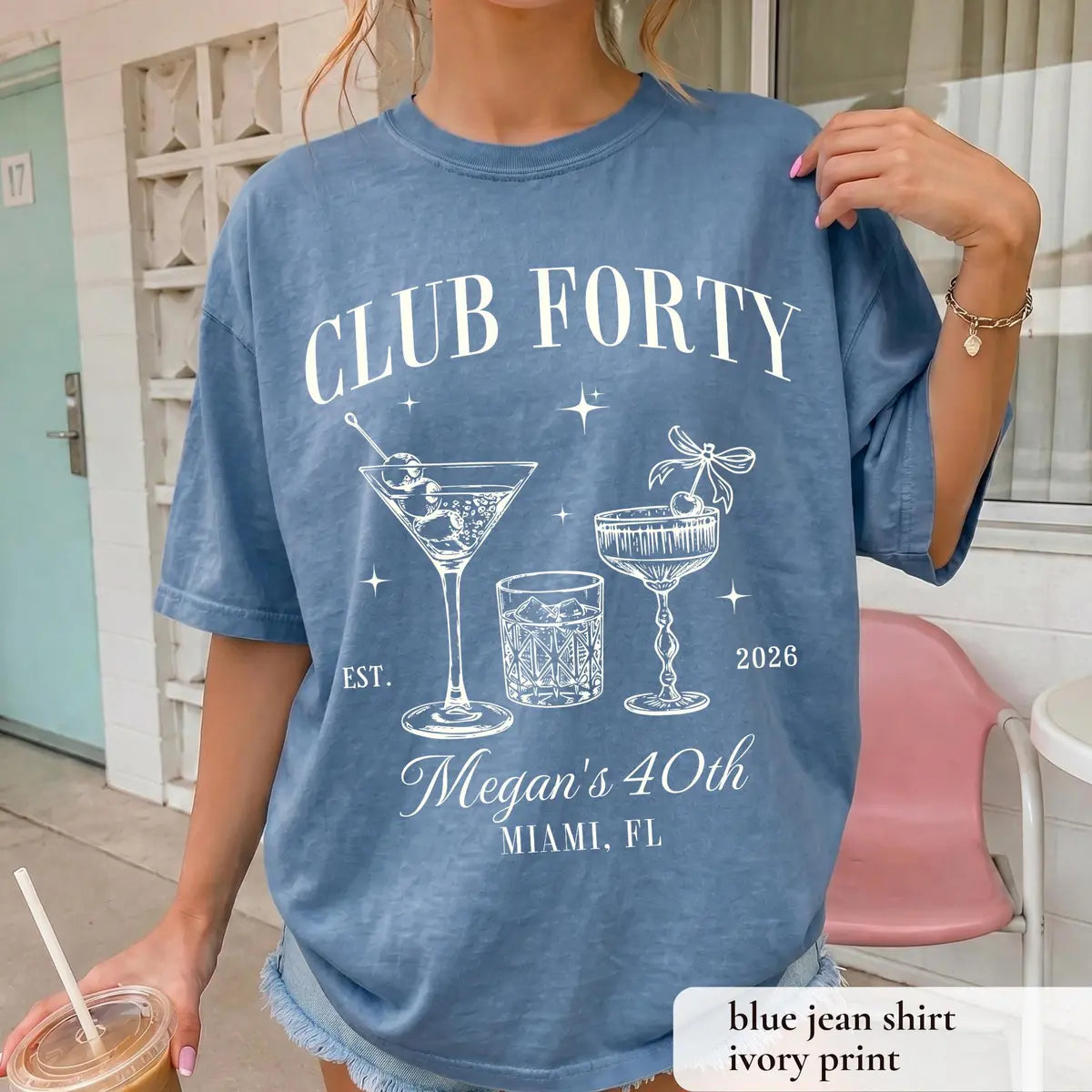 Club Forty Cocktail Social Club graphic Comfort Colors T-shirt in Blue Jean, additional product photograph.