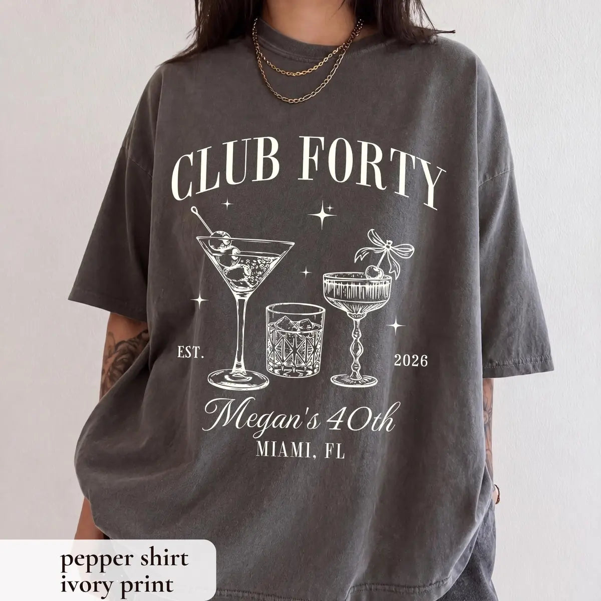 Club Forty Cocktail Social Club graphic Comfort Colors T-shirt in Pepper, additional product photograph.