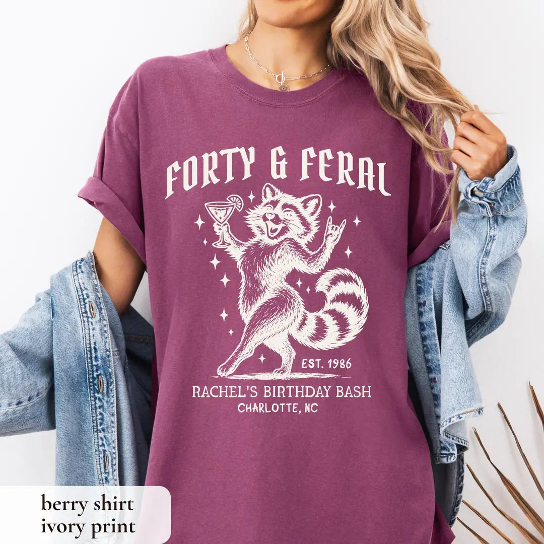 Comfort Colors T-shirt with Raccoon Birthday Squad animal-themed design; model photo.