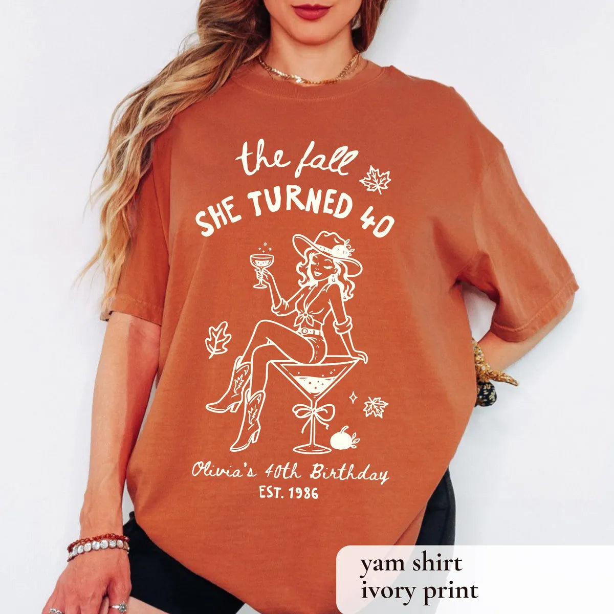 Comfort Colors T-shirt with Personalized Fall Birthday celebration design; model photo.