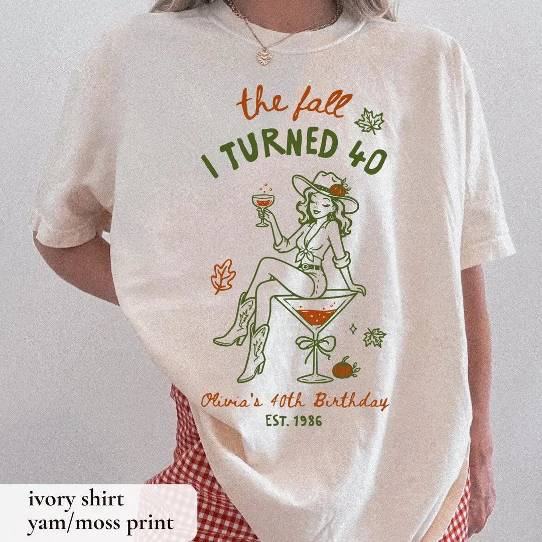Comfort Colors T-shirt with Personalized Fall Birthday celebration design; model photo.