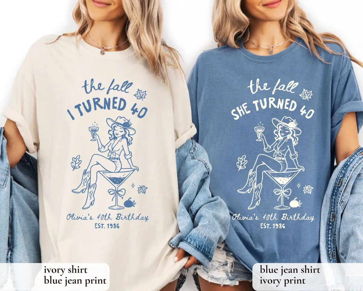 Comfort Colors T-shirt with Personalized Fall Birthday celebration design; model photo.