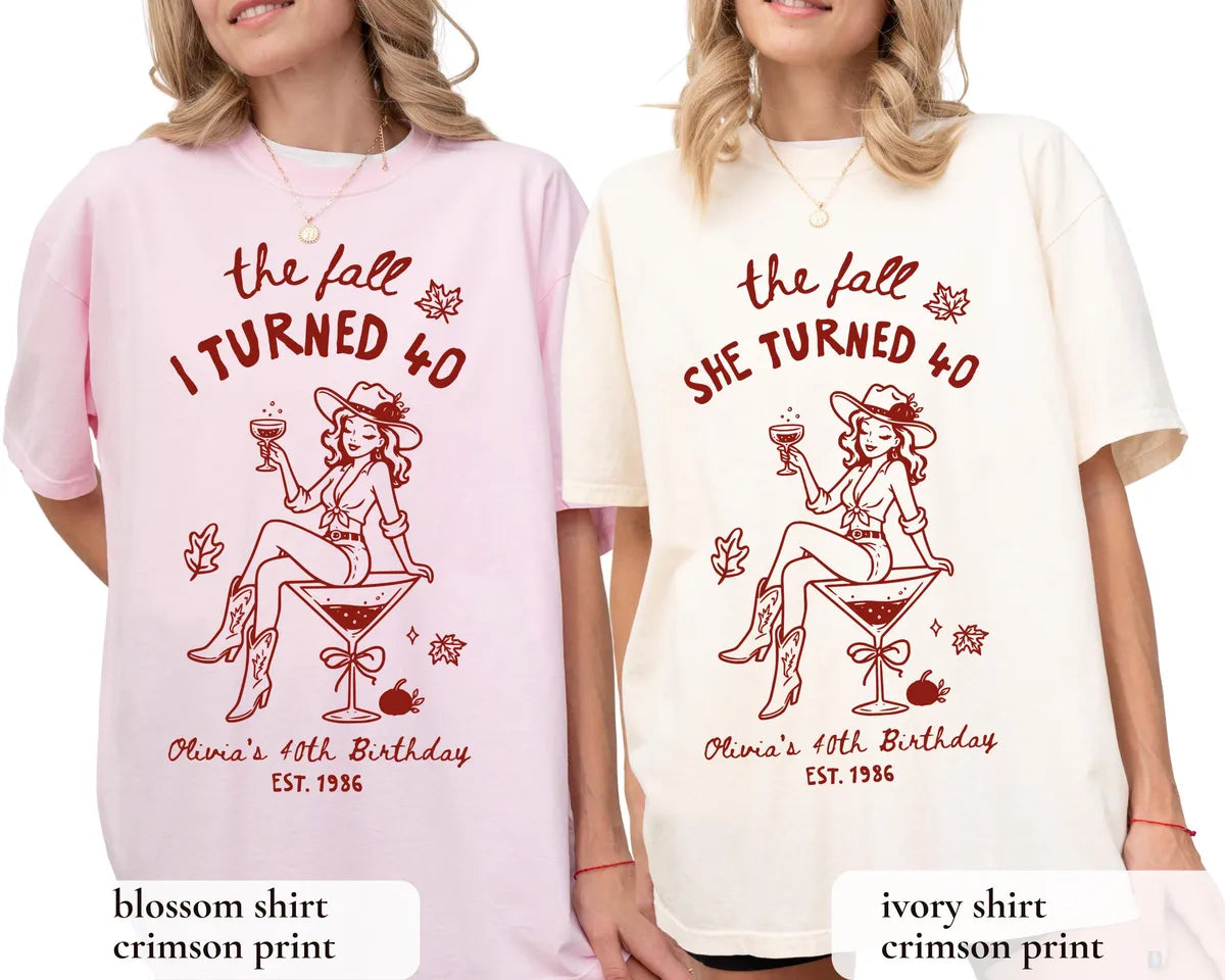 Comfort Colors T-shirt with Personalized Fall Birthday celebration design; model photo.