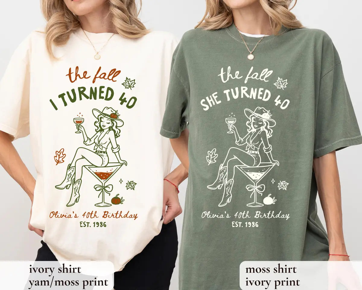 Comfort Colors T-shirt with Personalized Fall Birthday celebration design; model photo.