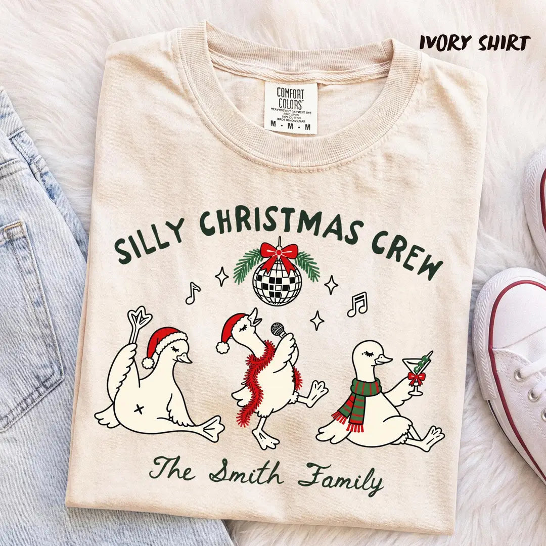 Comfort Colors T-shirt with Personalized Family Christmas Shirts holiday design; model photo.