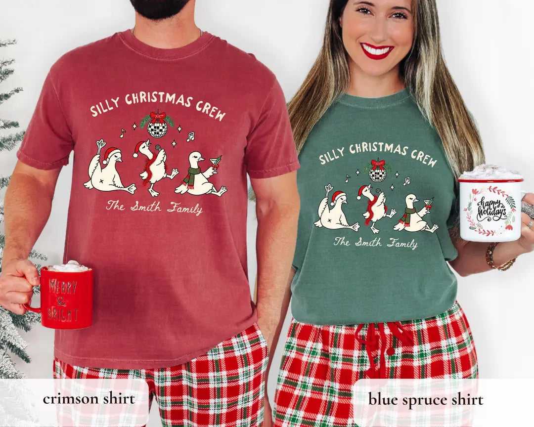 Comfort Colors T-shirt with Personalized Family Christmas Shirts holiday design; model photo.