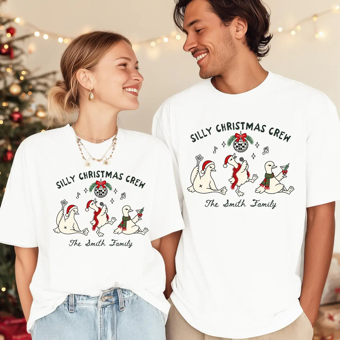 Comfort Colors T-shirt with Personalized Family Christmas Shirts holiday design; model photo.
