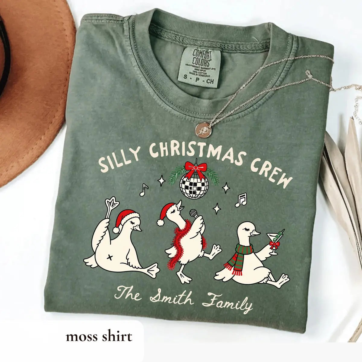 Comfort Colors T-shirt with Personalized Family Christmas Shirts holiday design; model photo.