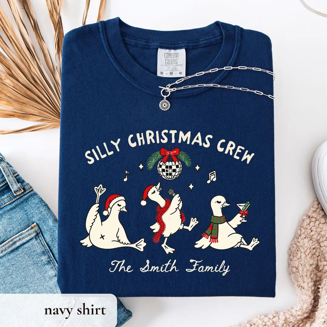 Comfort Colors T-shirt with Personalized Family Christmas Shirts holiday design; model photo.