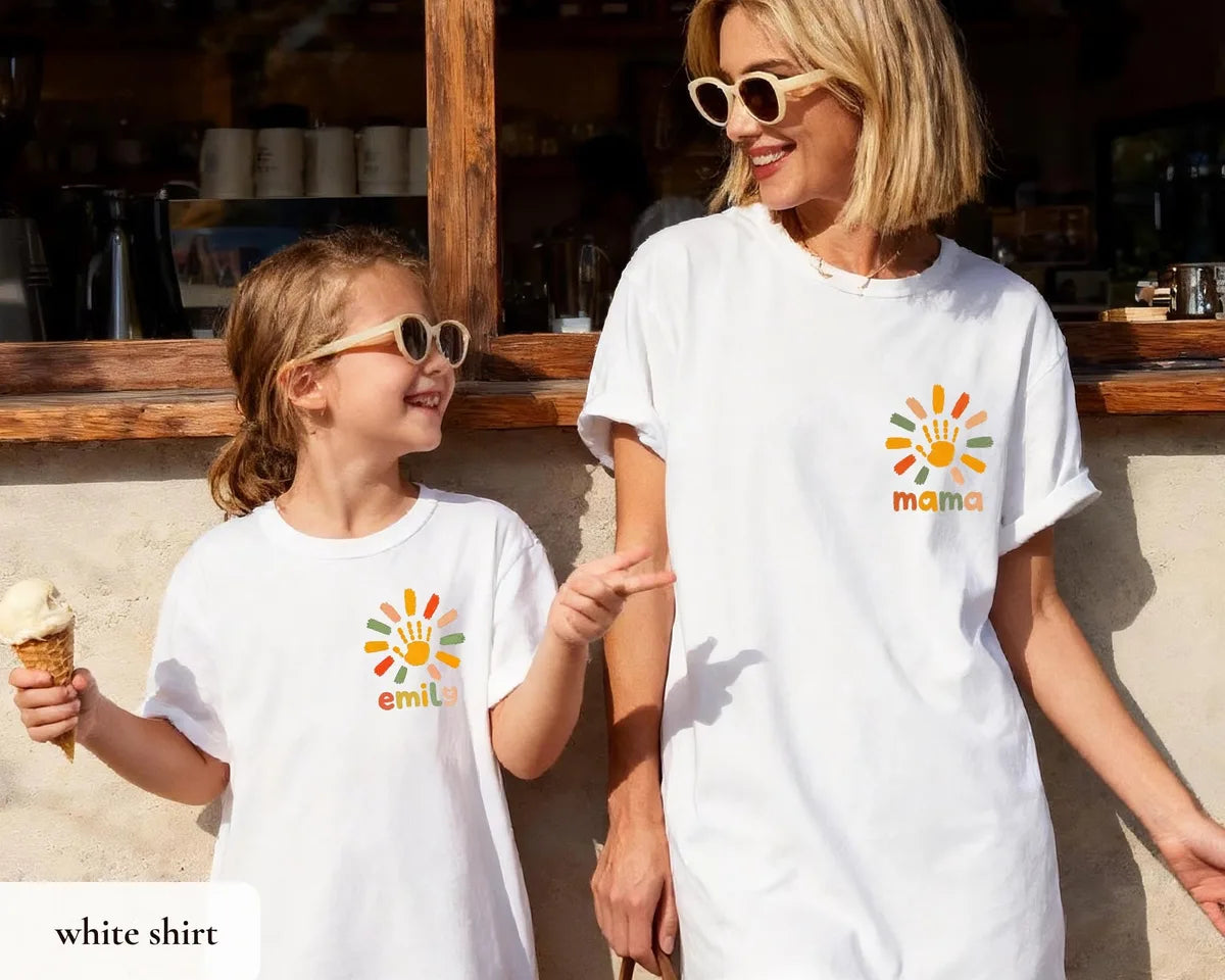 Comfort Colors T-shirt with Personalized Family Matching Shirts printed design; model photo.