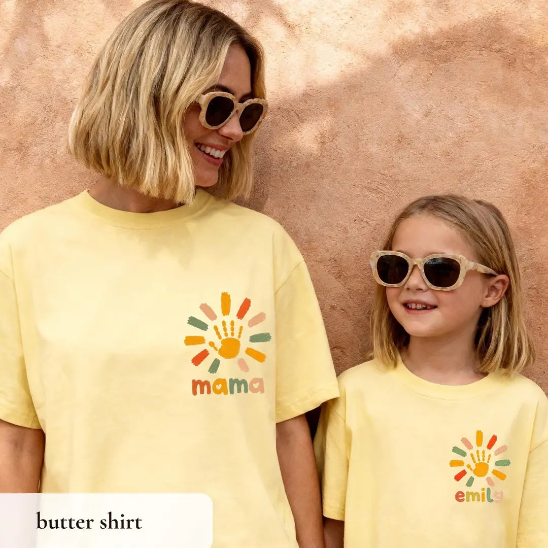 Comfort Colors T-shirt with Personalized Family Matching Shirts printed design; model photo.