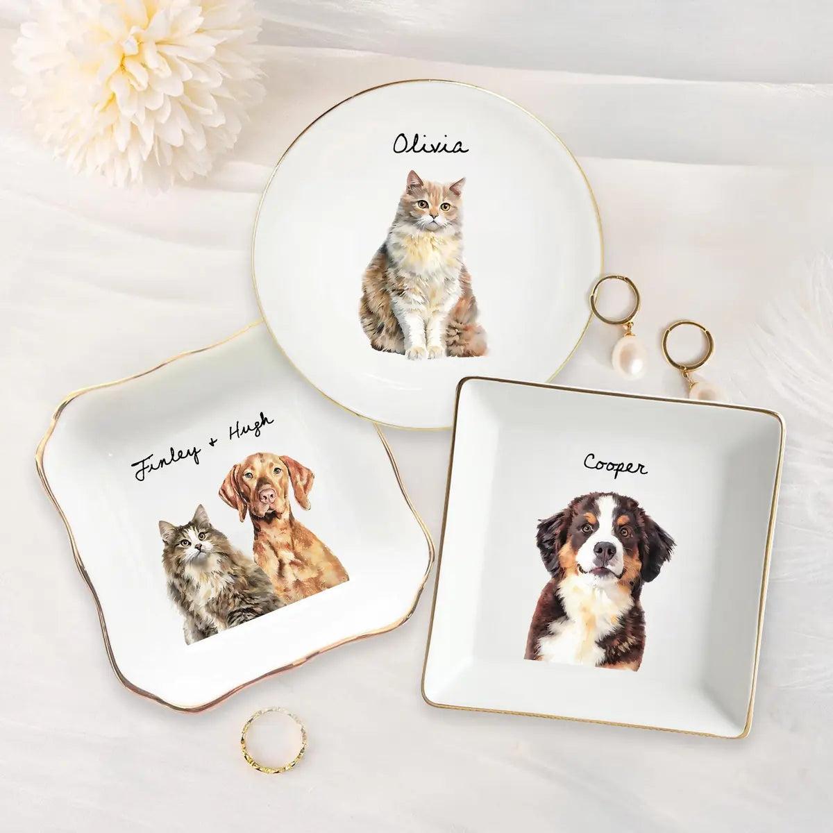 Personalized ceramic ring dish with custom photo and text for pet mom, main front view