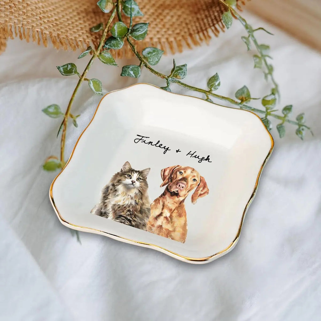 Custom photo pet mom ring dish displayed elegantly on wooden bedroom nightstand