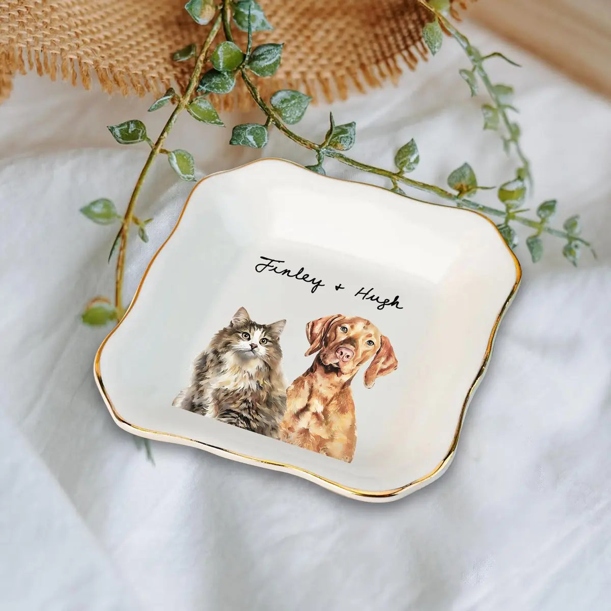 Custom photo pet mom ring dish displayed elegantly on wooden bedroom nightstand