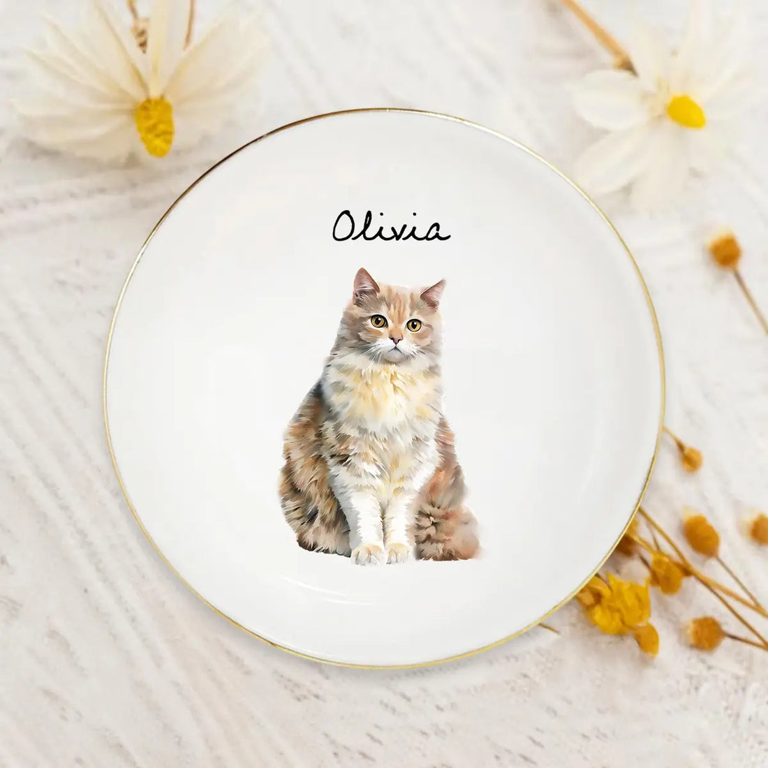 Custom photo pet mom ring dish displayed elegantly on wooden bedroom nightstand