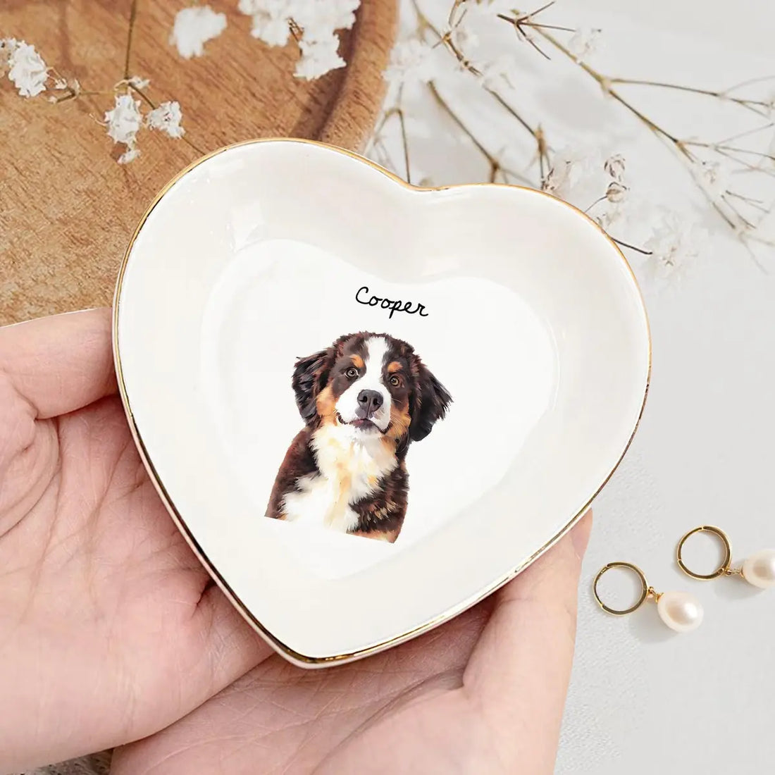 Custom photo pet mom ring dish displayed elegantly on wooden bedroom nightstand