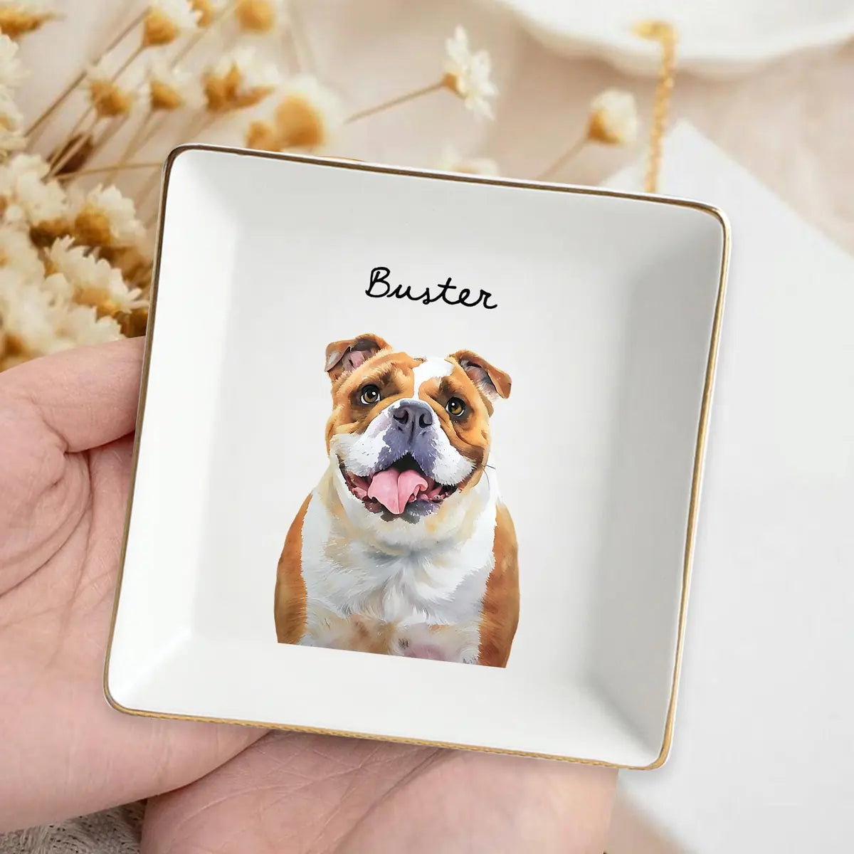 Custom photo pet mom ring dish displayed elegantly on wooden bedroom nightstand