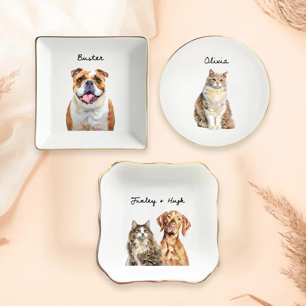Custom photo pet mom ring dish displayed elegantly on wooden bedroom nightstand